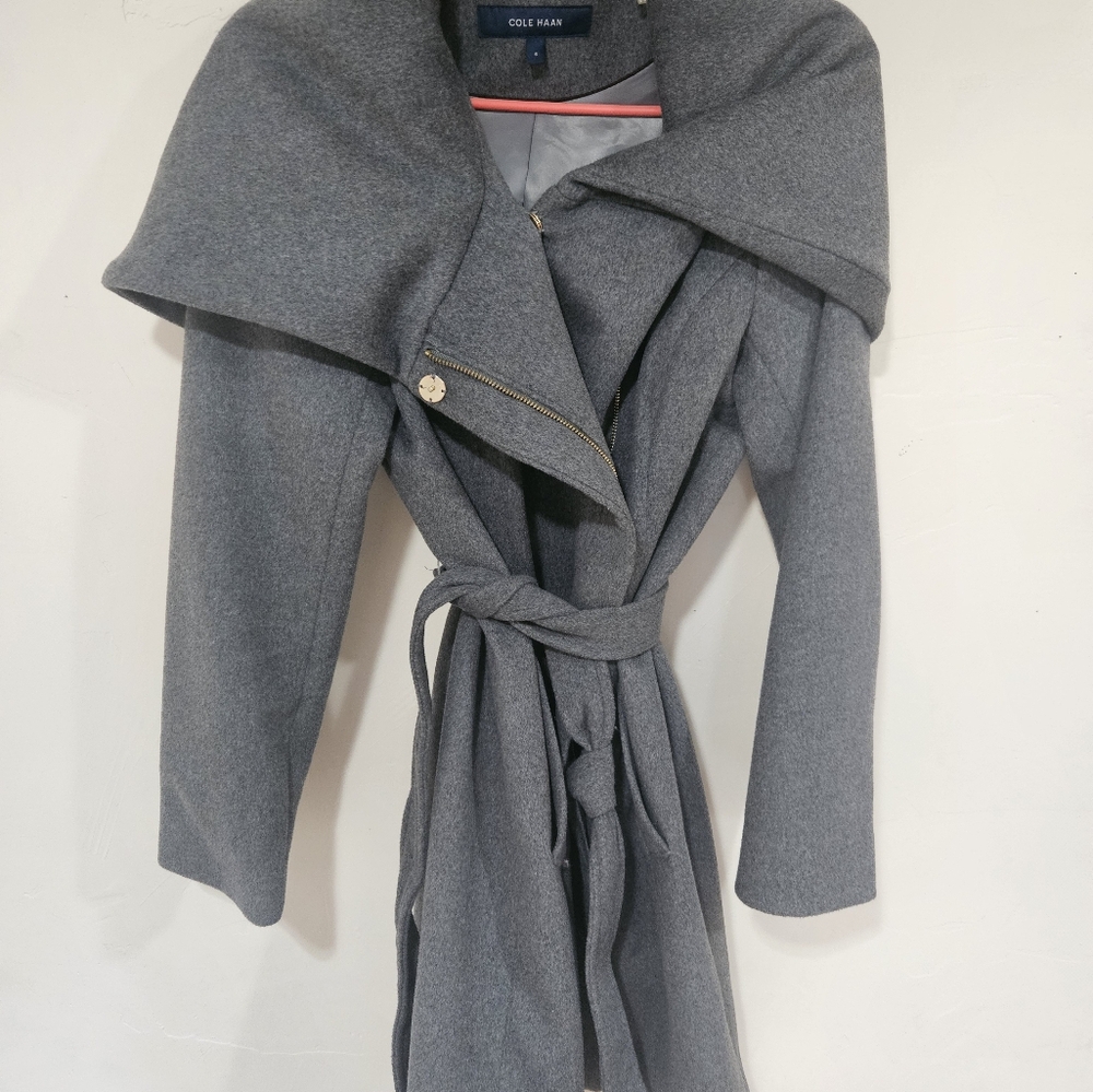 Cole Haan Hooded Wrap Wool Coat small